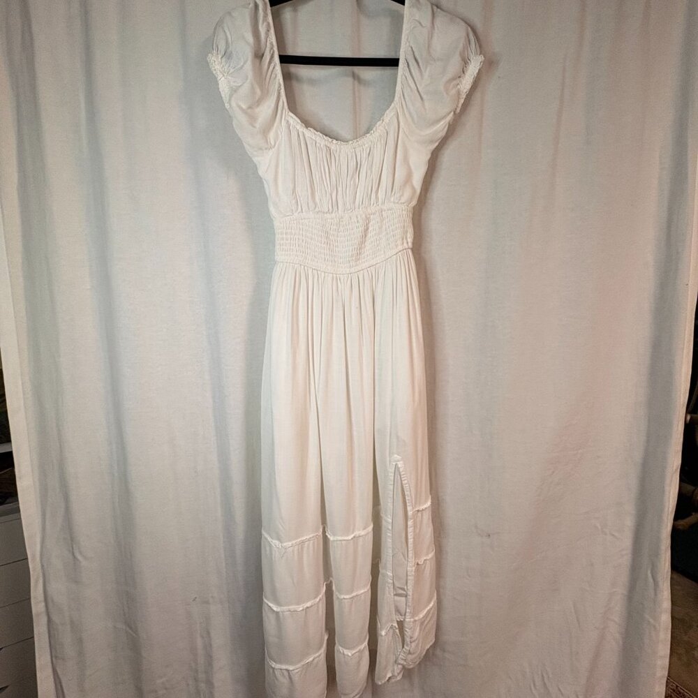 Hollister White Graduation Bridal Midi Dress Puff Sleeves Cutout Tie Back S